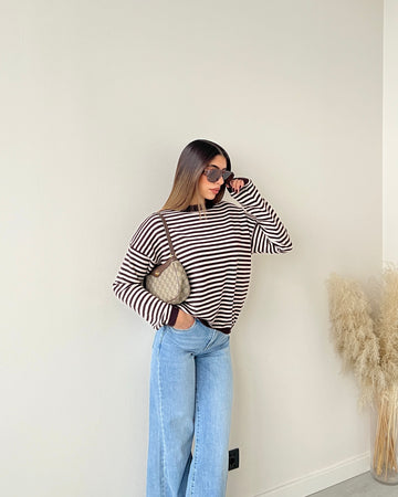 Maglioncino basic a righe caffè