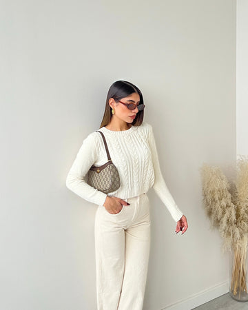 Pullover corto in ciniglia panna