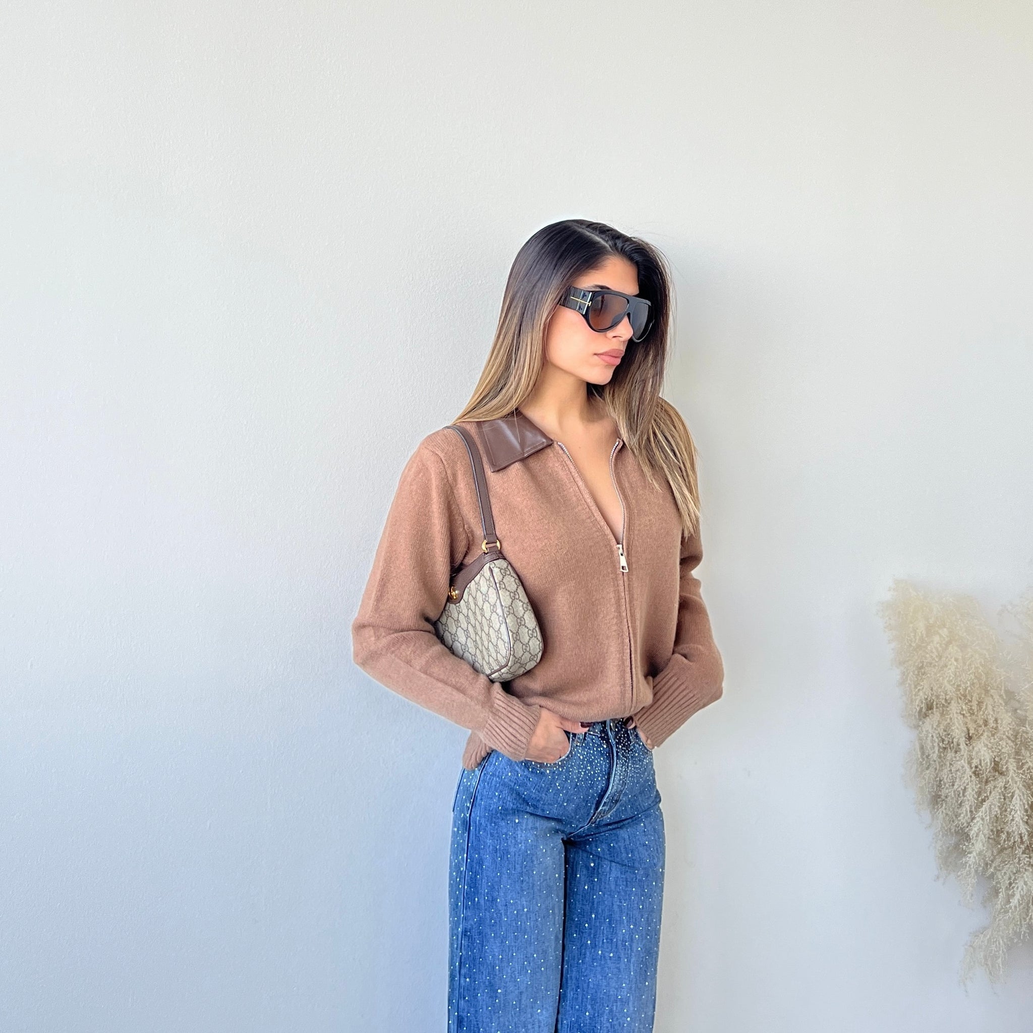 Cardigan zip colletto simil pelle camel