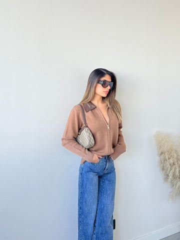 Cardigan zip colletto simil pelle camel