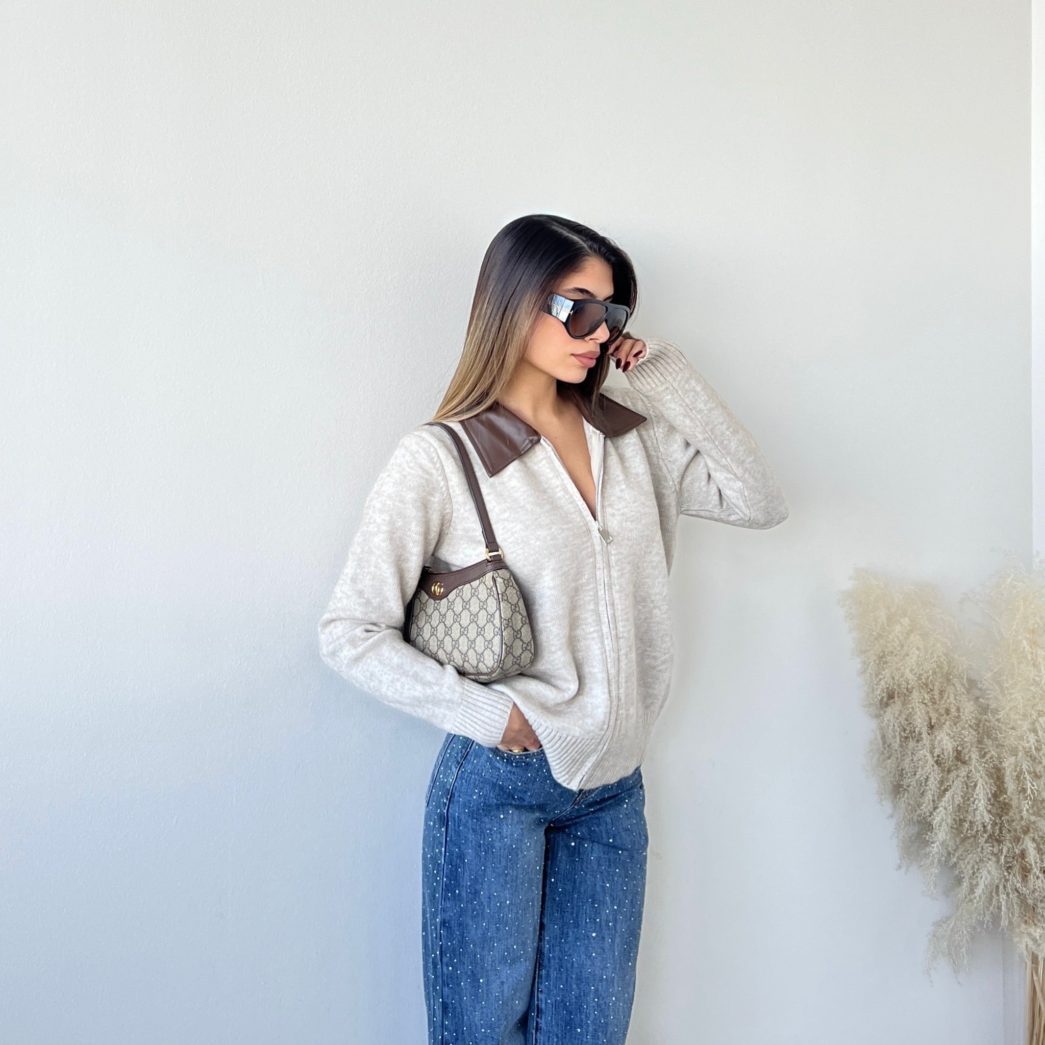 Cardigan zip colletto simil pelle beige