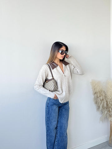 Cardigan zip colletto simil pelle beige