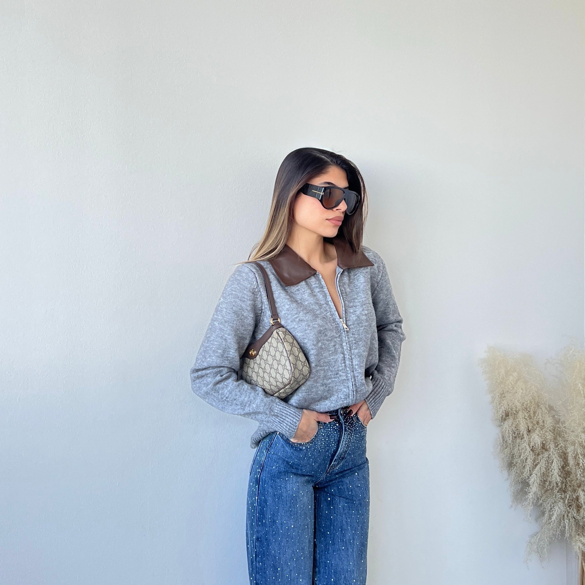 Cardigan zip colletto simil pelle grey