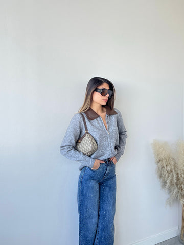 Cardigan zip colletto simil pelle grey