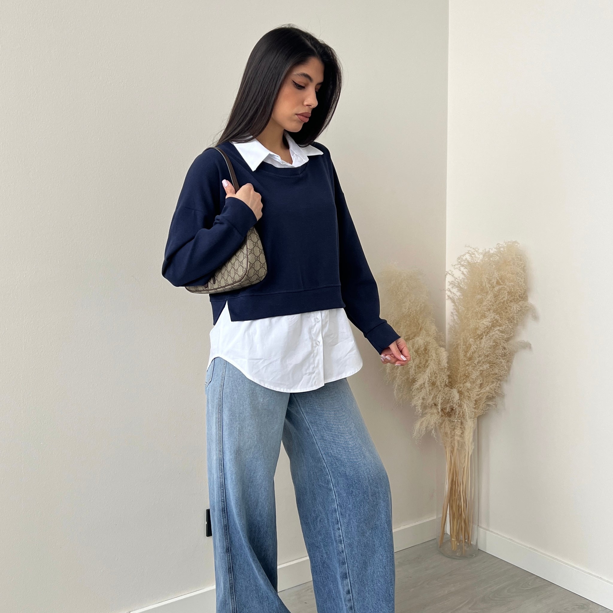 Felpa in cotone con camicia blu