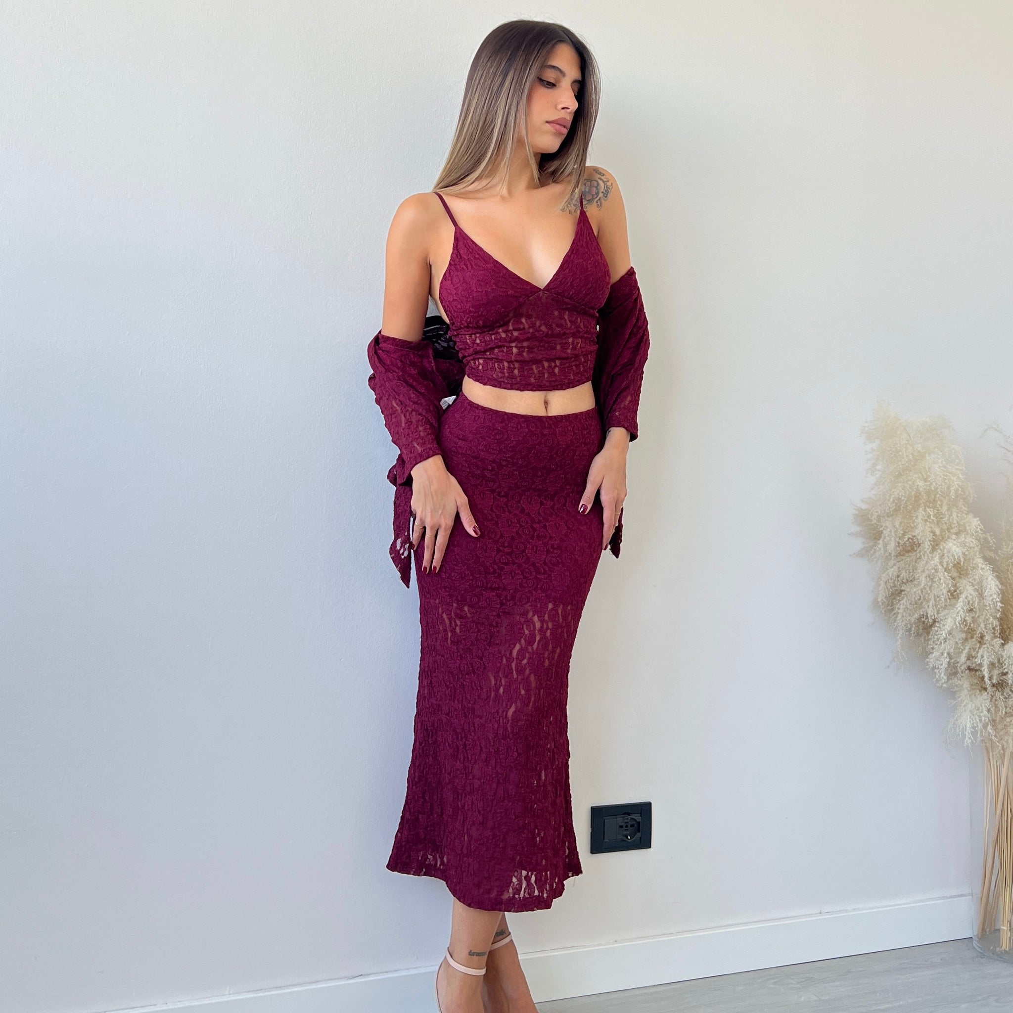 Set 3 pezzi in pizzo bordeaux