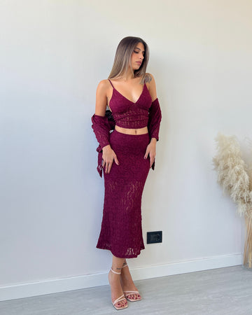 Set 3 pezzi in pizzo bordeaux