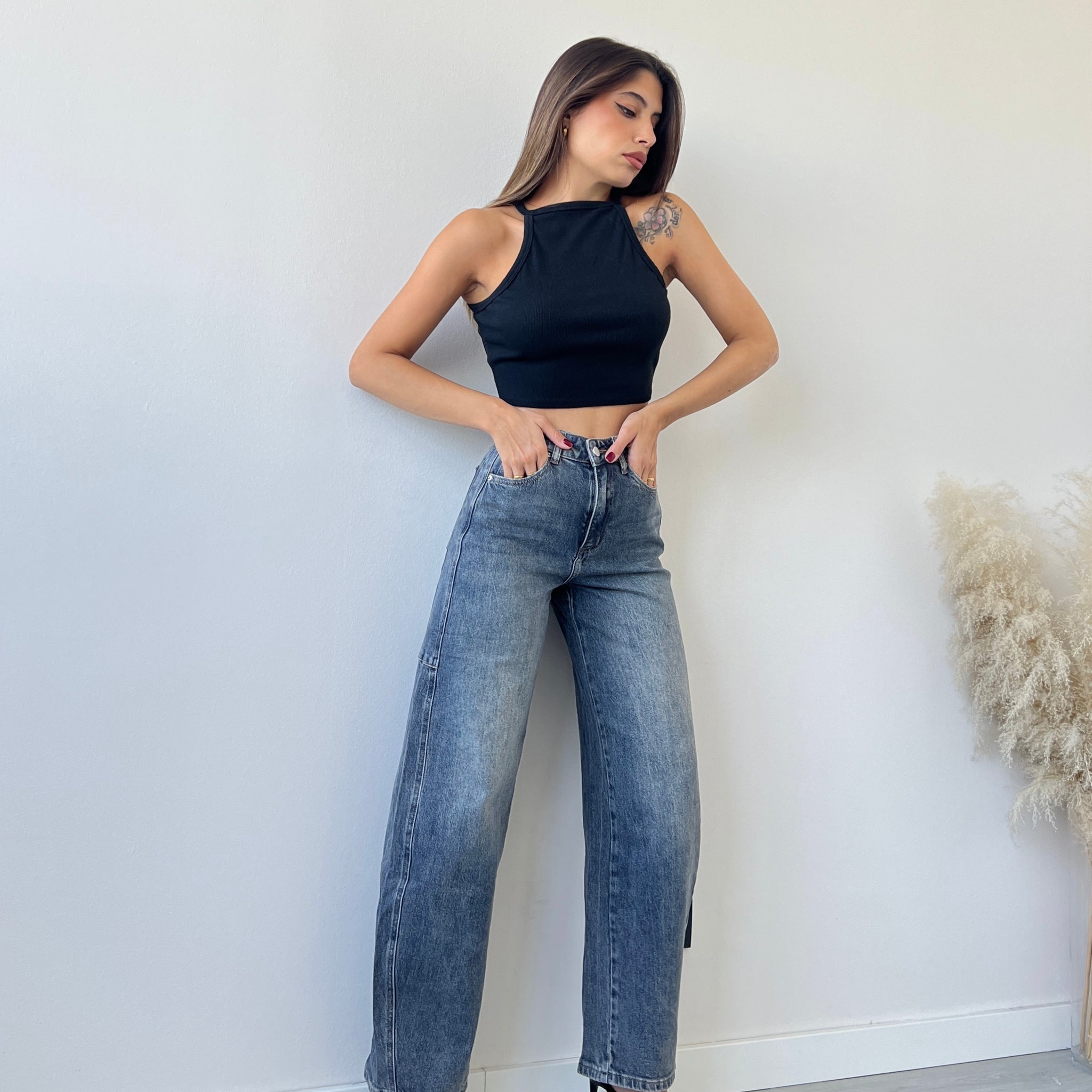 Jeans baggy a vita alta Y433