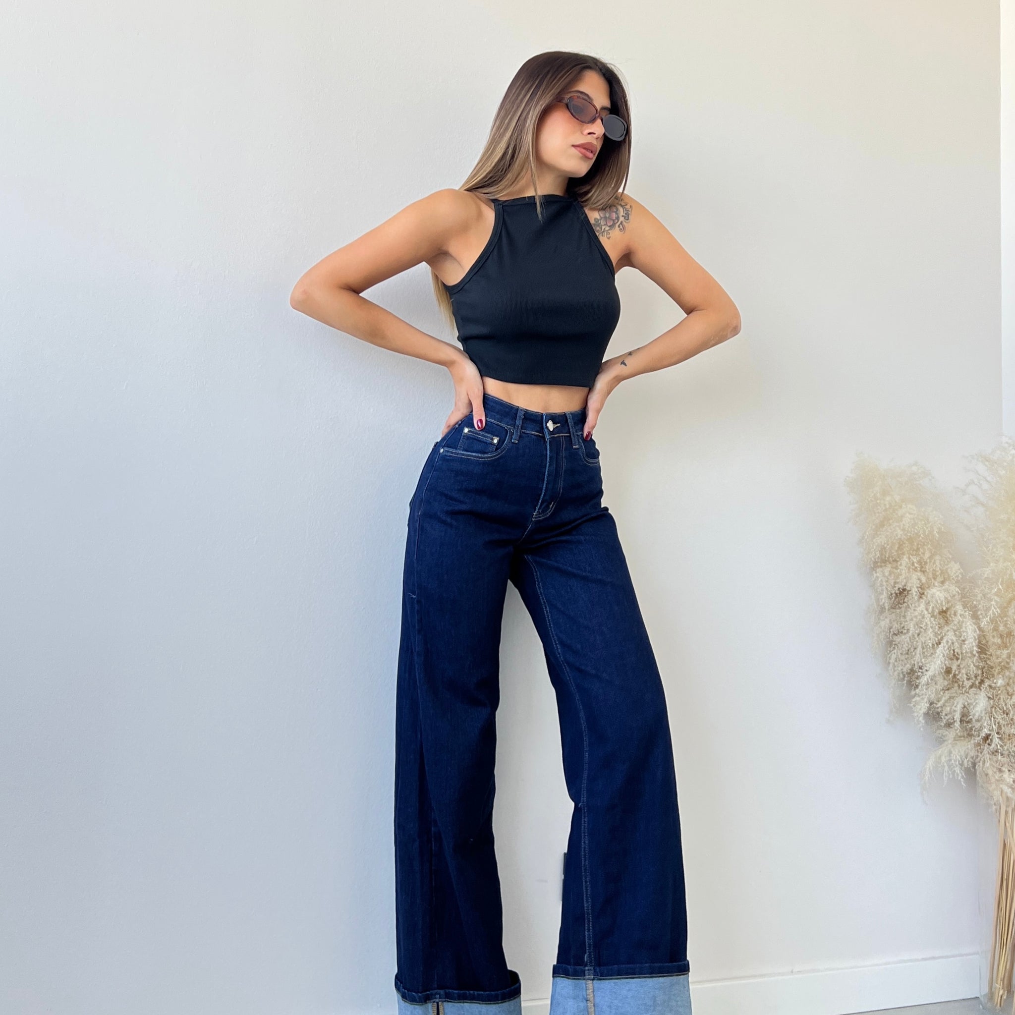 Jeans blu scuro con risvolto SJ15562