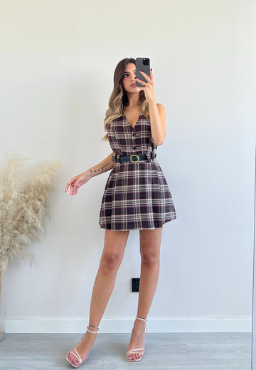 Gonna tartan caffè con cintura