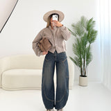 Bomber coreana scamosciato con tasche e bottoni fango