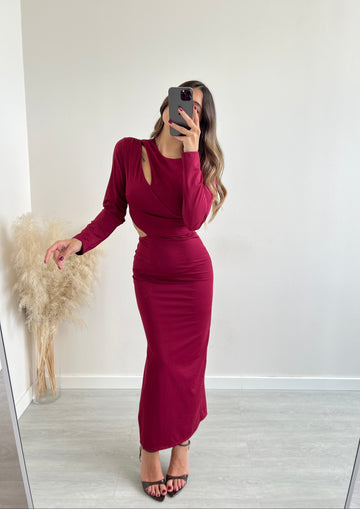 Abito modellante cut out a manica lunga bordeaux