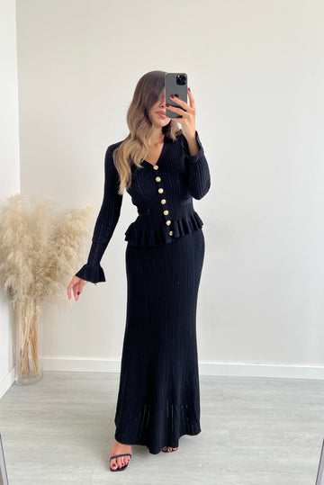 Set maglia con bottoni + gonna lunga in maglia nero