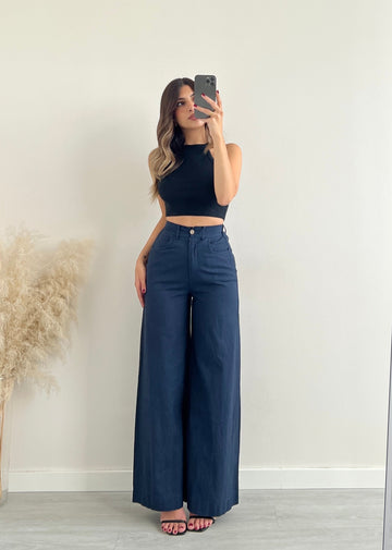 Pantalone a vita alta in lino blu