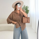 Camicia 100 lino con tasche camel