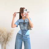 T-shirt con corpetto in jeans con lacci sul retro celeste