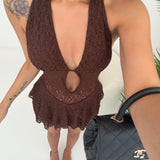 Mini dress in pizzo cut out centrale brown