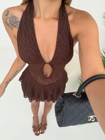 Mini dress in pizzo cut out centrale brown
