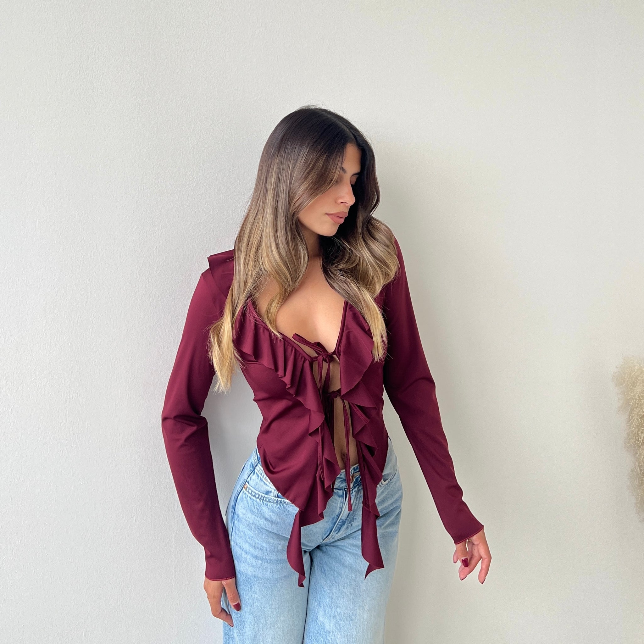 Blusa in modal con laccetti bordeaux